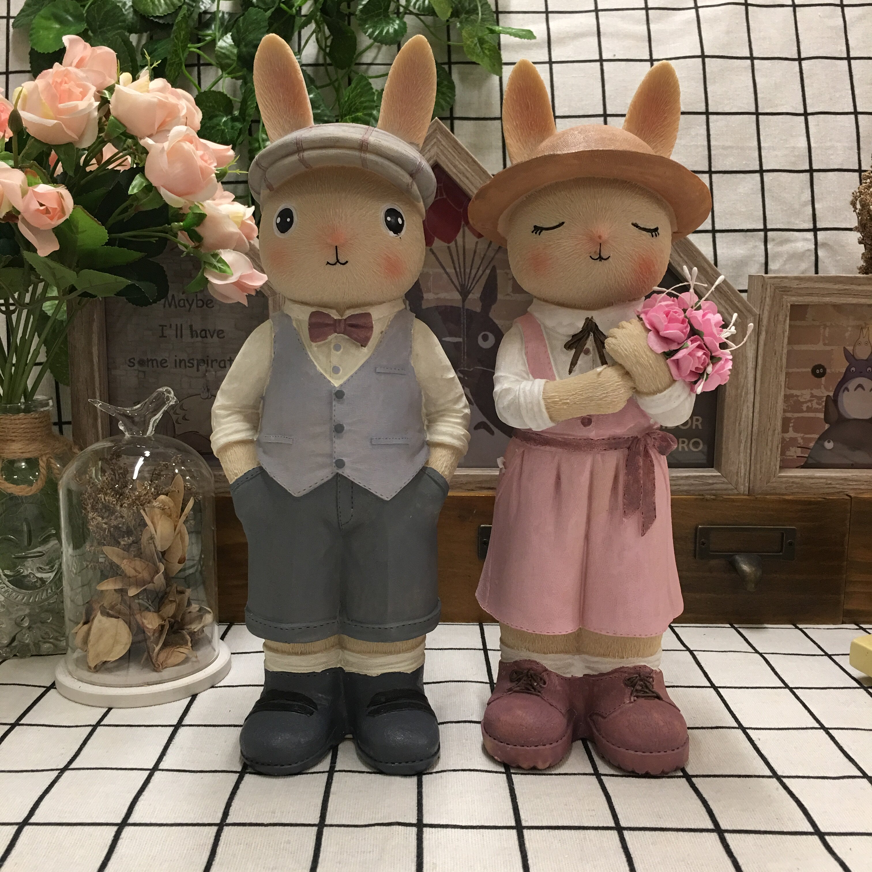 Cute couple rabbit piggy bank resin large piggy bank Home entrance decoration decoration Children's gift