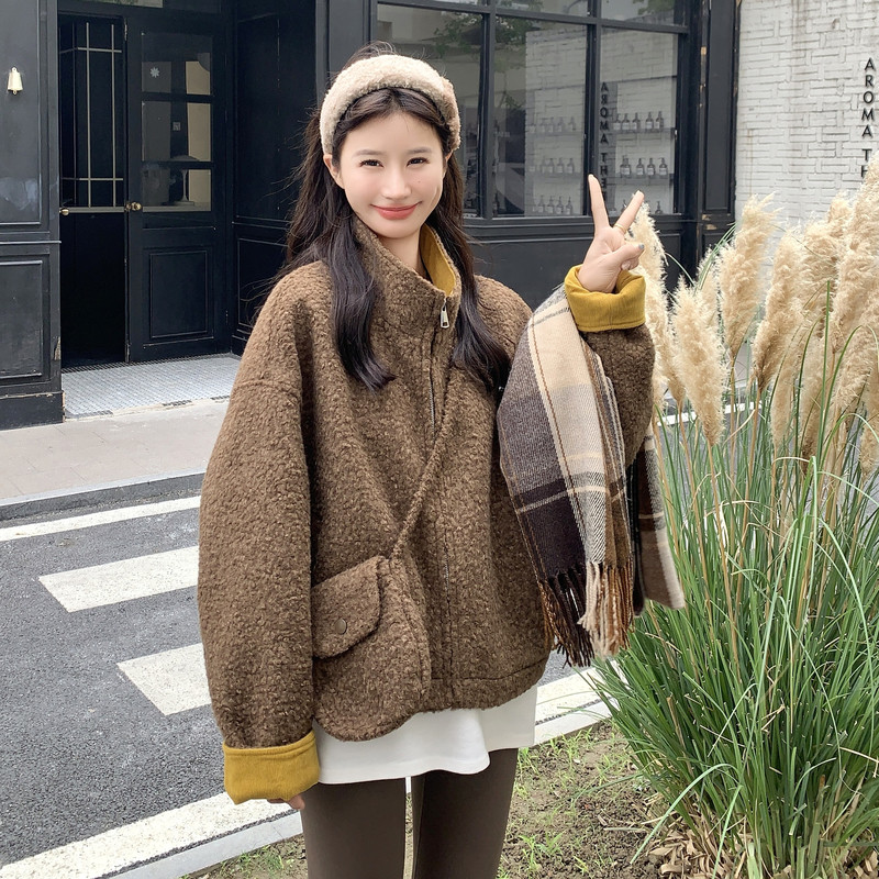 美拉德撞色羊羔毛外套女秋冬2025新款设计小个子气质巨好看棉服,女装毛呢外套,2C159
