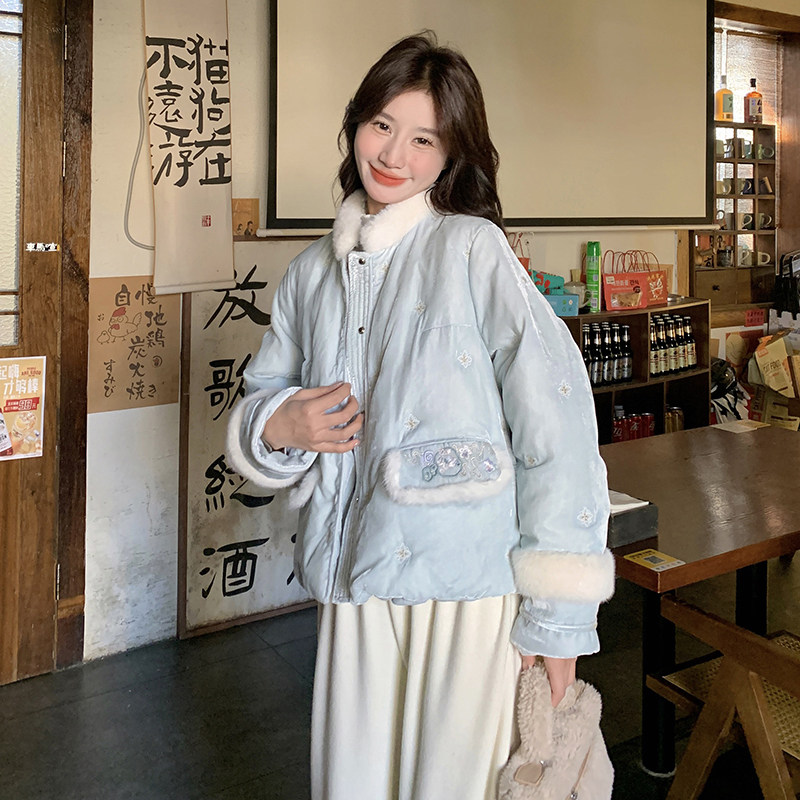 新中式国风减龄拼接毛毛羽绒服女2025冬季新款显瘦加厚白鸭绒外套,女装羽绒服,2C057