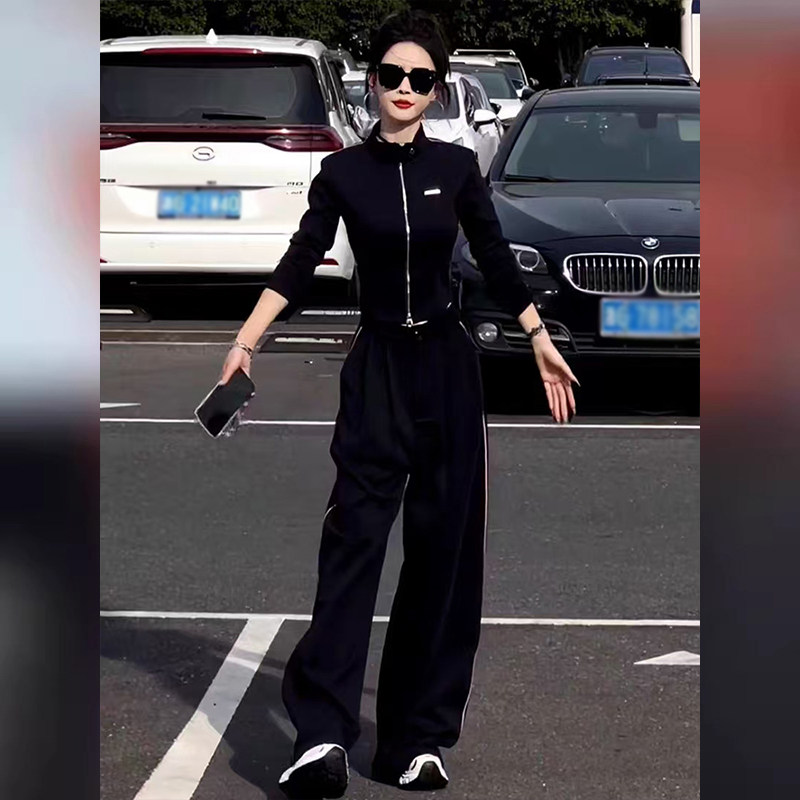 韩版时尚气质大方套装女春新款拉链开衫黑色立领上衣阔腿裤两件套图片