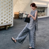 灰色新中式印花套装女夏季新款设计感显瘦盘扣背心阔腿裤两件套，女装套装/套裙，2C098