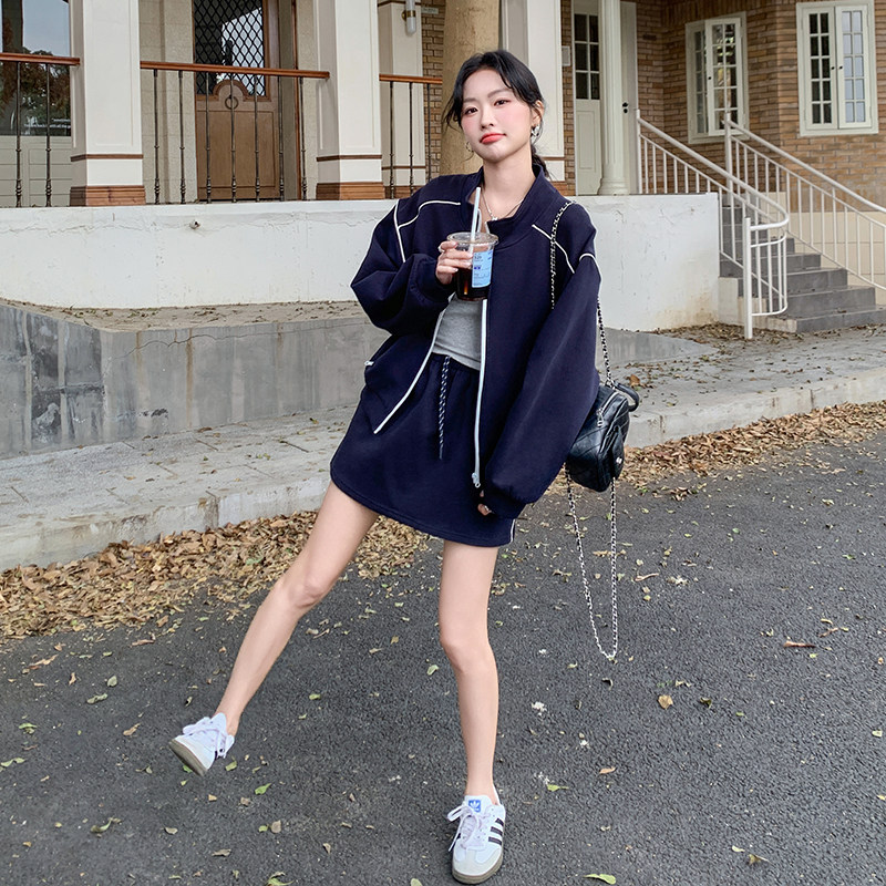 现货藏青色设计感卫衣+半身裙两件套2C206-L139-P155-K218,女装套装/套裙,2C206