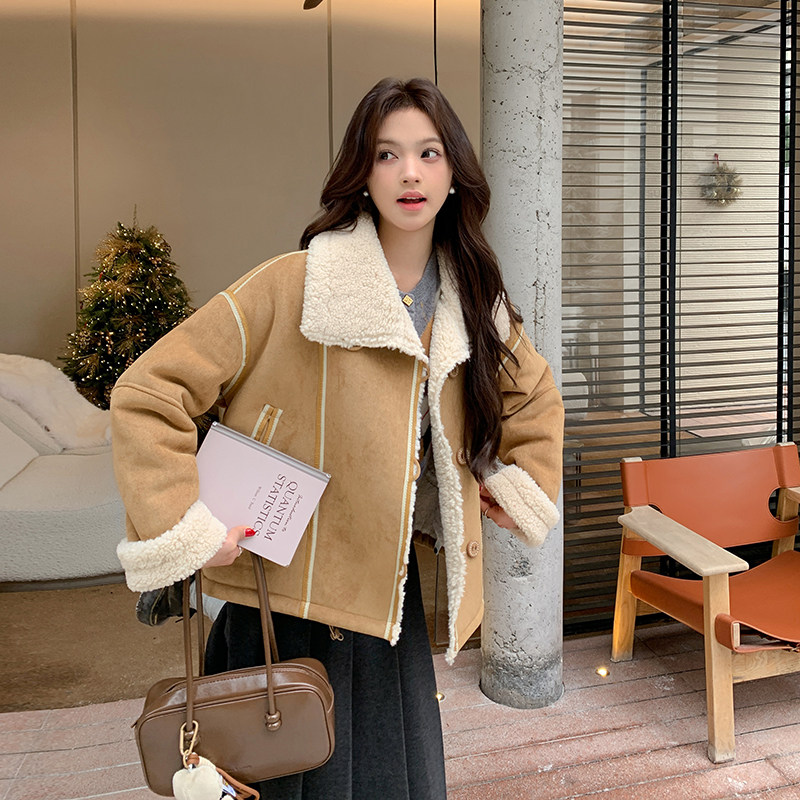 咖色复古麂皮绒皮毛一体羊羔毛短外套女2025冬新款小个子加厚上衣,女装短外套,2D035