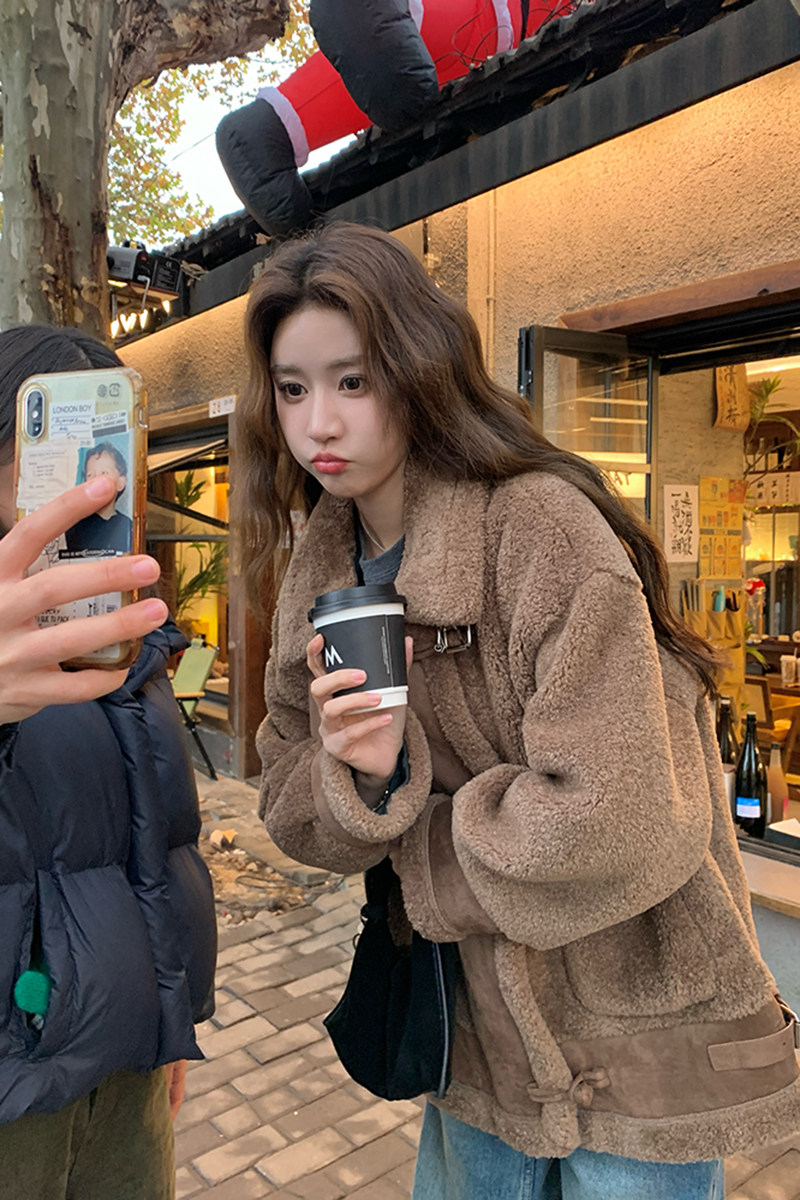 美拉德皮毛一体羊羔毛外套加厚保暖机车服2379P205控298,女装棉衣/棉服,2C029