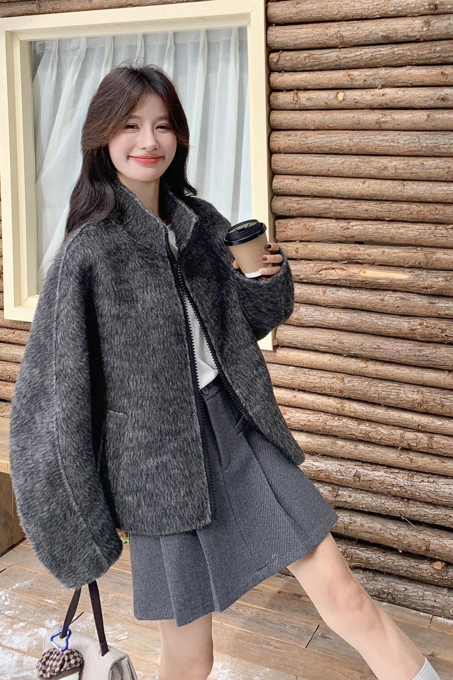 ，现货，羊毛短款立领拉链长袖外套2C215-P335-K405,女装羊绒大衣,2C215