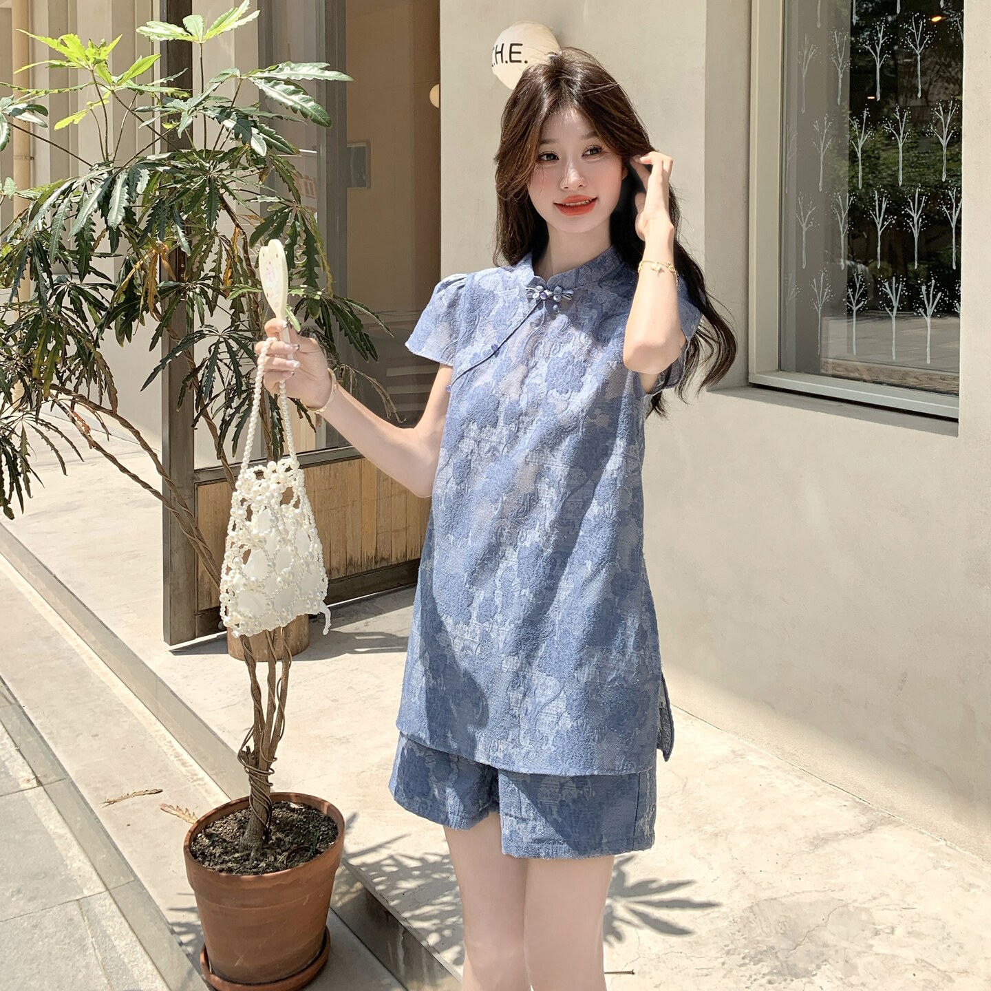 新中式国风套装女2025夏季新款时尚复古盘扣印花上衣阔腿裤两件套,女装套装/套裙,2C135