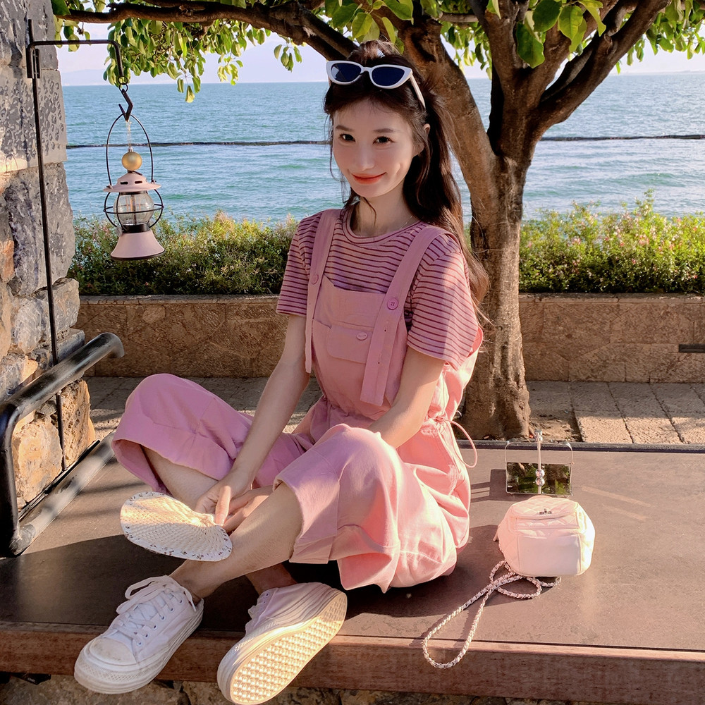 粉色韩版休闲盐系甜酷风背带裤套装女2025夏季新款条纹T恤两件套,女装套装/套裙,2B237