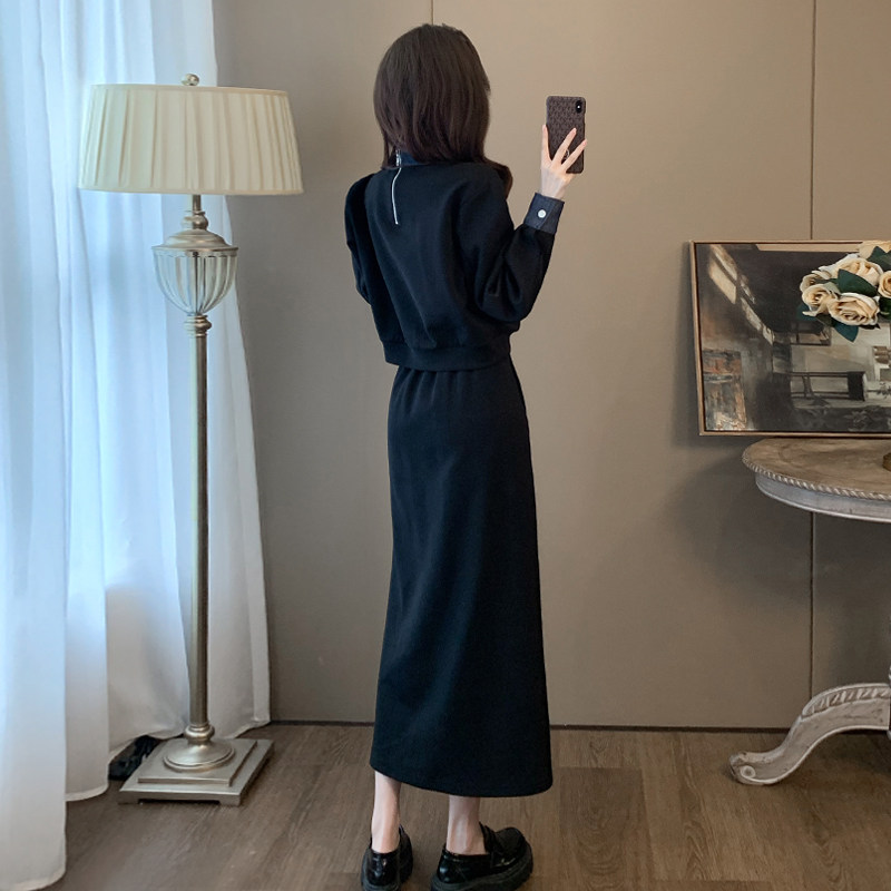 今年流行黑色假两件套休闲运动套装女秋冬款时尚卫衣半身裙两件套,女装套装/套裙,2C310