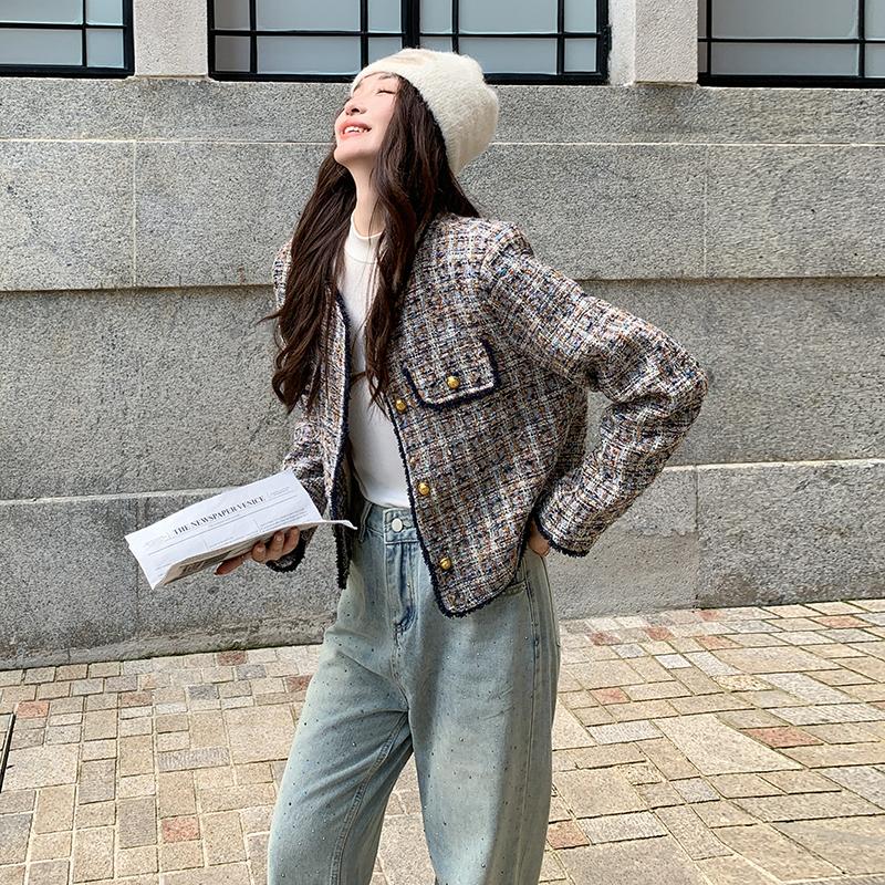 蓝色格子小香风外套女2025秋新款设计感超好看超火气质小个子上衣图片