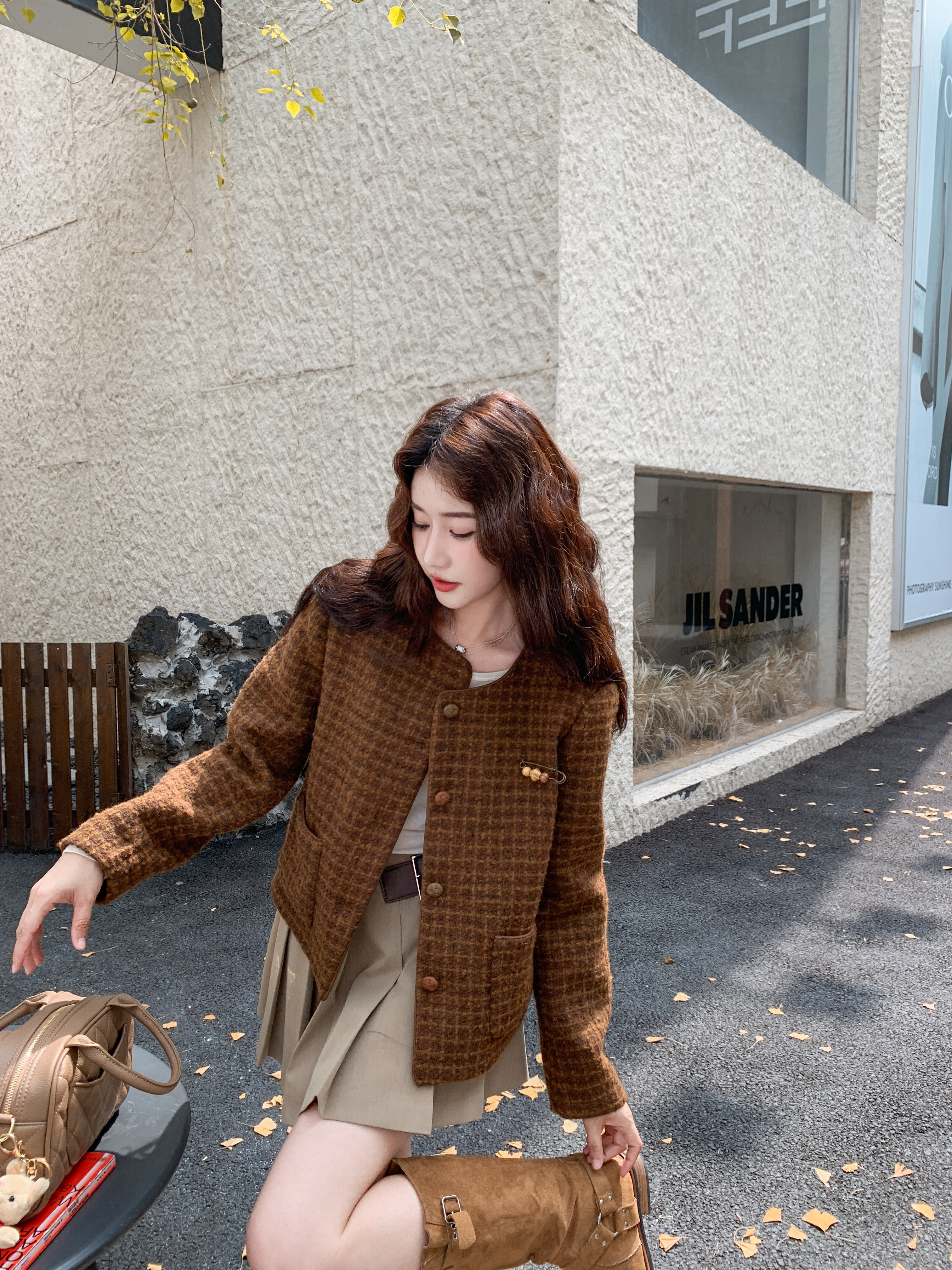 韩系美拉德格子撞色毛呢外套女秋冬2025新款气质千金感超好看大衣,女装毛呢外套,2C092