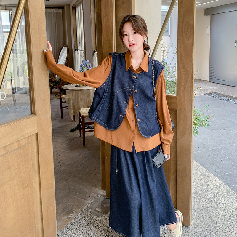 法式复古牛仔套装连衣裙女2026春秋设计感小众慵懒风半身裙三件套,女装套装/套裙,2C166