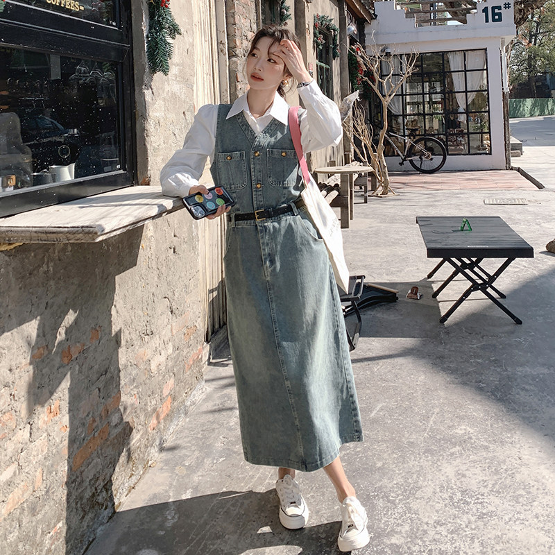 超好看复古牛仔连衣裙长袖衬衫两件套女2024春秋新款气质长裙套装,女装套装/套裙,2C159