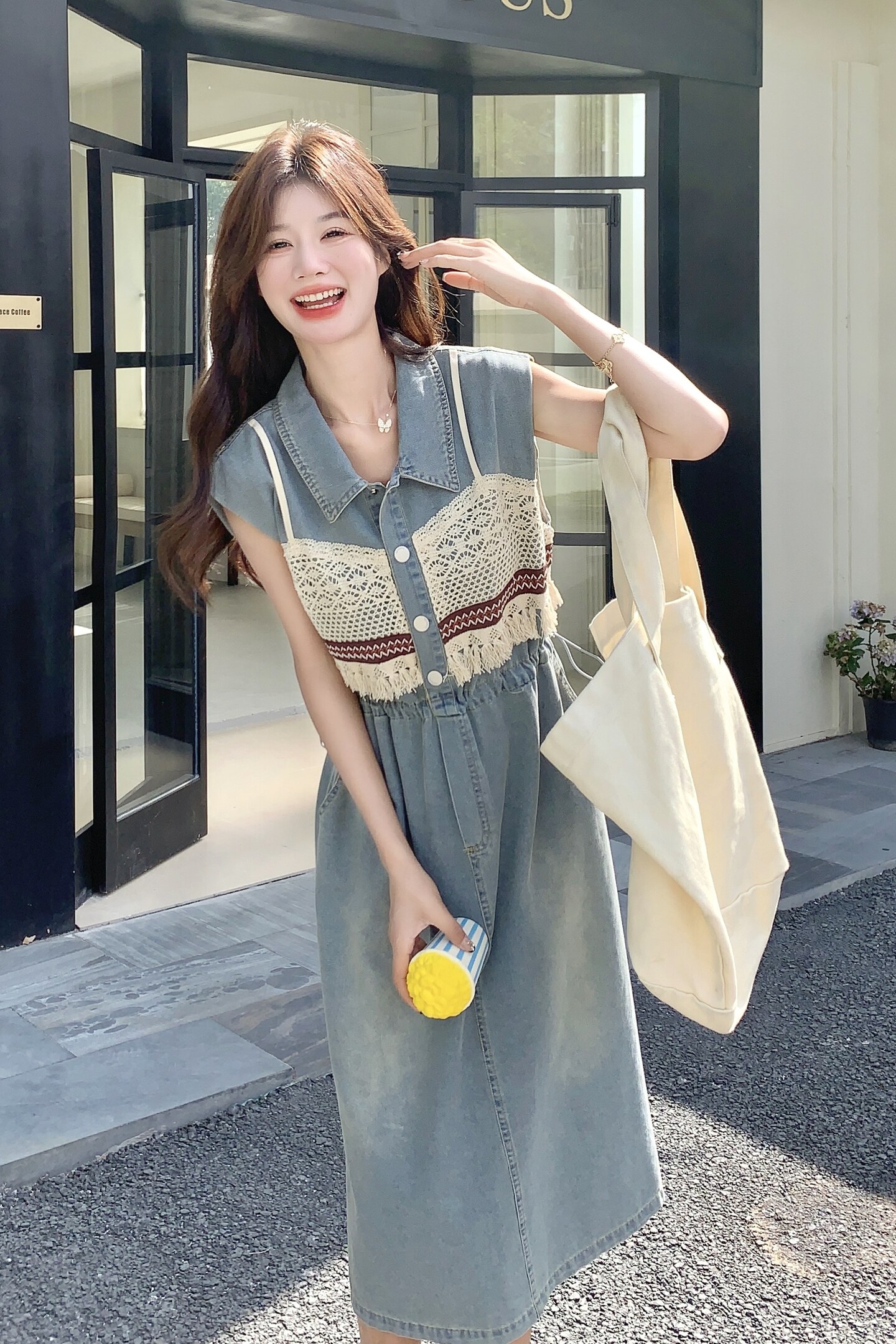 蕾丝拼接无袖牛仔连衣裙女2025夏季新款甜酷风时尚收腰显瘦a字裙,女装连衣裙,2C218