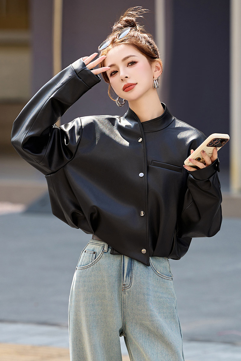 【新品】不规则设计款黑色皮衣外套女百搭1C115-2513-P125-K228,女装皮衣,吾爱衣