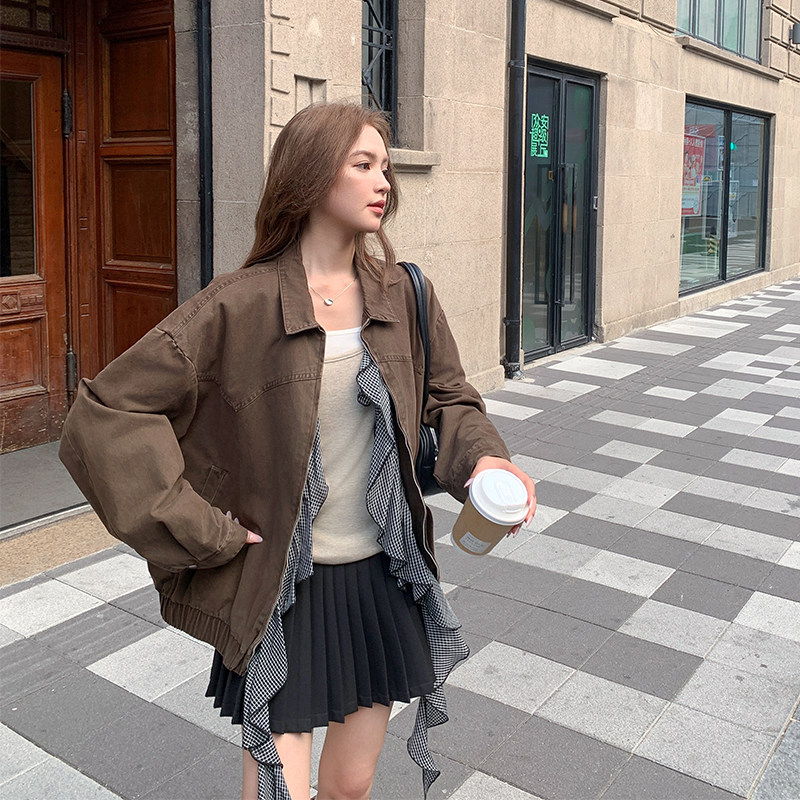 时髦复古可拆卸荷叶边格子拼接外套女秋季2025年新款显瘦工装夹克,女装短外套,2C025