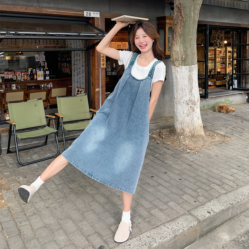 韩版甜美学院风牛仔背带裙女2025夏季新款法式宽松显瘦减龄长裙子,女装连衣裙,2C030