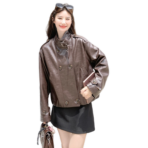 2025秋季新款女短款宽松长袖两粒扣PU皮外套1C042-P145-K205图片