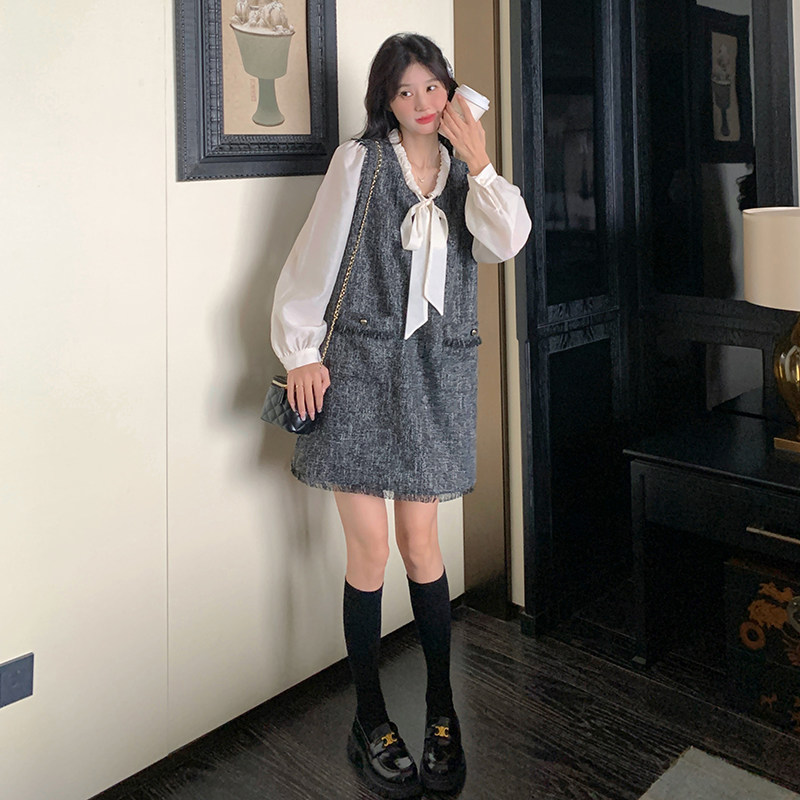 灰色背心连衣裙女长袖中长裙2025春季新款气质超好看减龄蕾丝,女装连衣裙,2C166