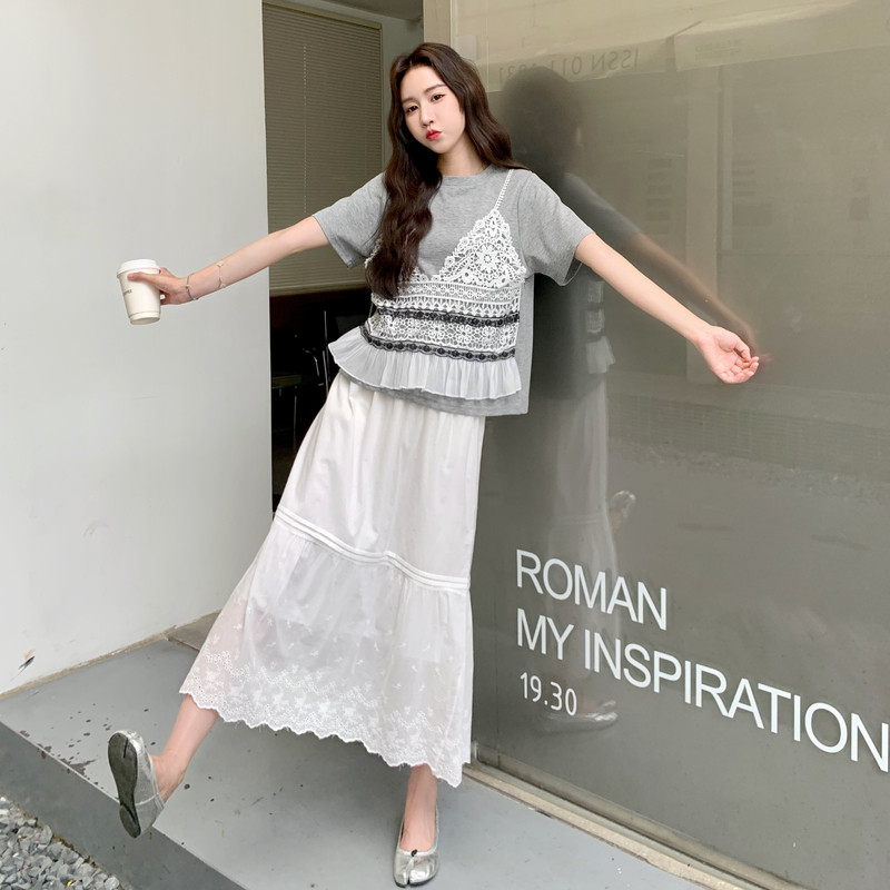 蕾丝拼接T恤半身裙套装女夏2025新款夏日绝美韩里韩气两件套爆款,女装套装/套裙,2D148