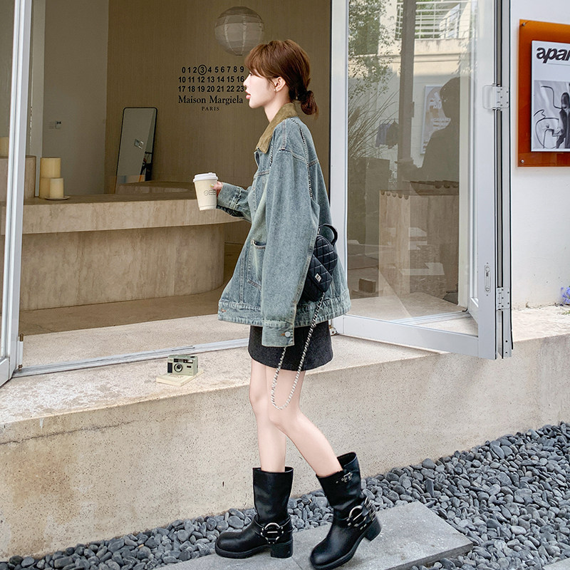 韩系旋律设计感牛仔外套女2025港风复古宽松舒适小个子休闲上衣,女装短外套,2C166