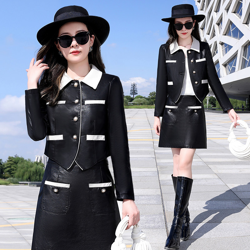 小皮衣套装女春秋2025新款欧货短款皮夹克时尚收腰机车服女装皮衣,女装皮衣,自然秀
