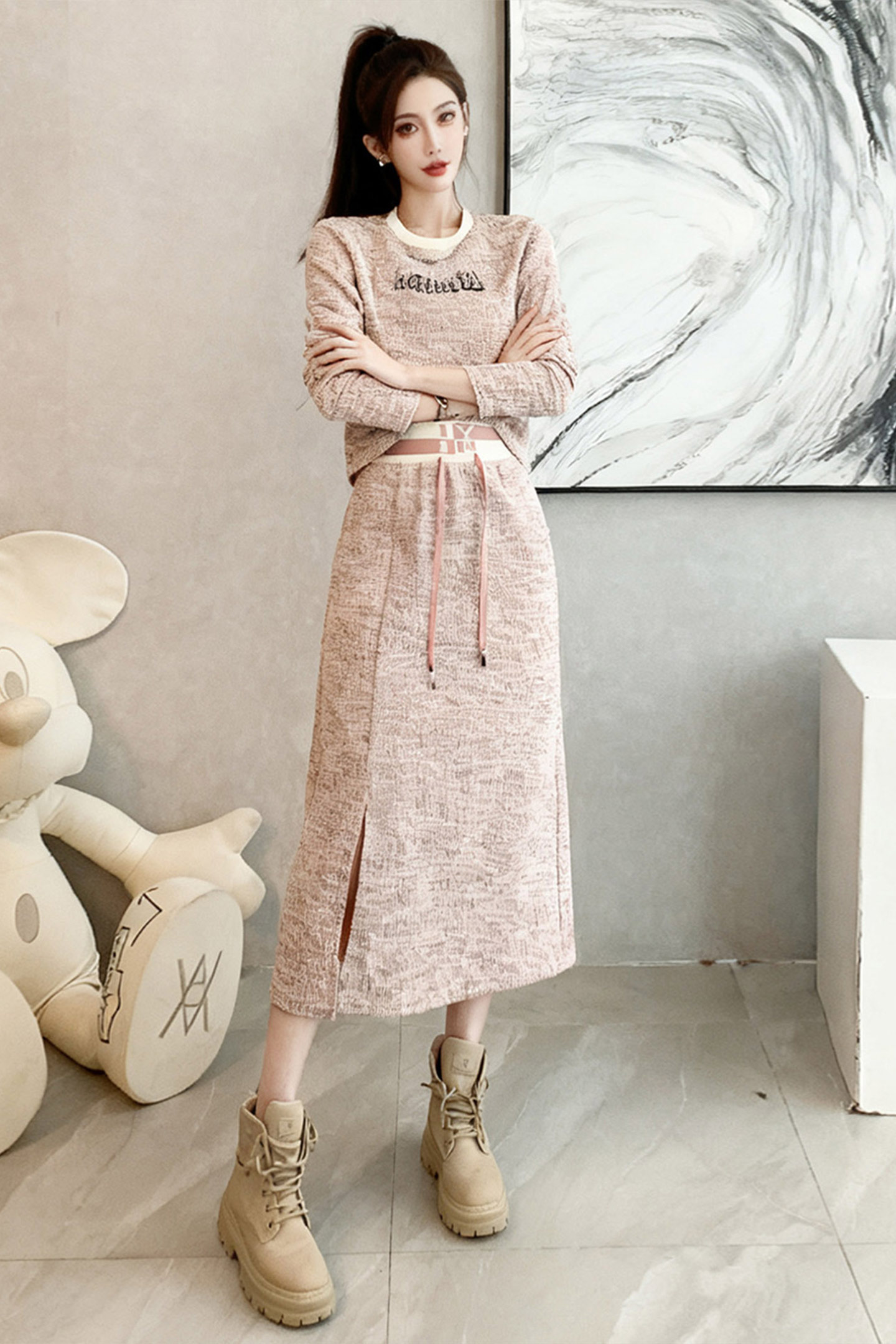 高级感时尚休闲套装女秋季新款港风洋气显瘦卫衣开叉半身裙两件套,女装套装/套裙,2C310