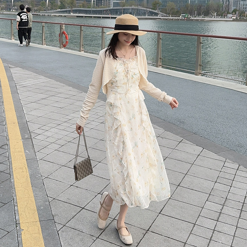 【现货有买家秀】温柔甜美浪漫仙气印花吊带连衣裙+防晒开衫套装,女装套装/套裙,2D148