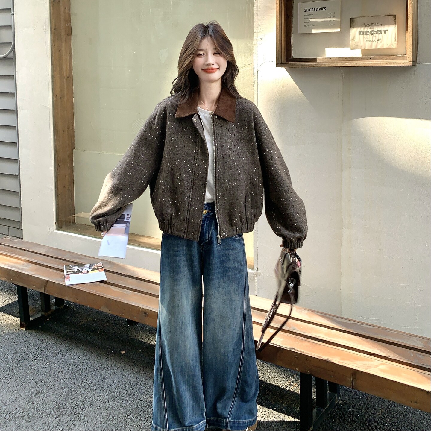 美式复古宽松显瘦翻领工装外套短款夹克女秋冬休闲加厚棒球服,女装短外套,2C166