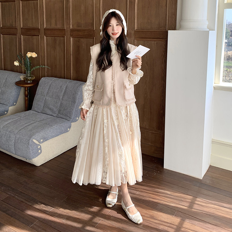 小香风马甲套装女2025秋季新款超好看高级感气质蕾丝连衣裙两件套,女装套装/套裙,2C332