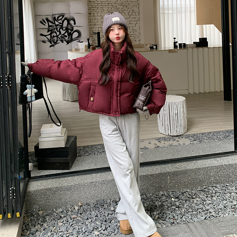 安可拉红拼接立领羽绒服女冬季新款韩系小个子加厚肯豆面包服外套,女装羽绒服,2C087