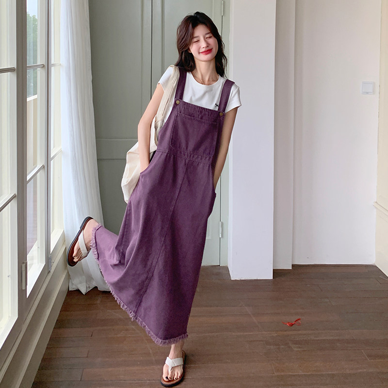 休闲减龄紫色牛仔背带裙连衣裙女夏2025新款学院风时尚长裙氛围感图片