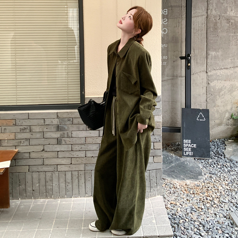 绿色慵懒风衬衫套装女2025秋季新款松弛感酷飒风炸街阔腿裤两件套,女装套装/套裙,2C139