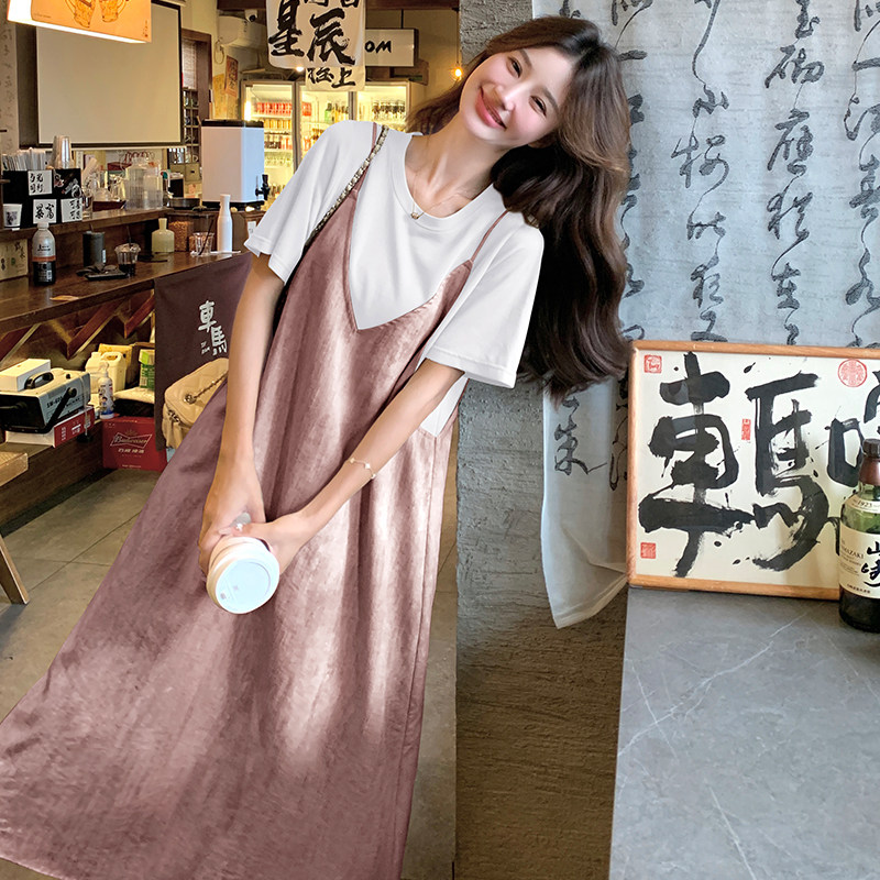 粉色假两件拼接连衣裙女夏季2025新款设计感独特高级感显瘦吊带裙,女装连衣裙,2C139