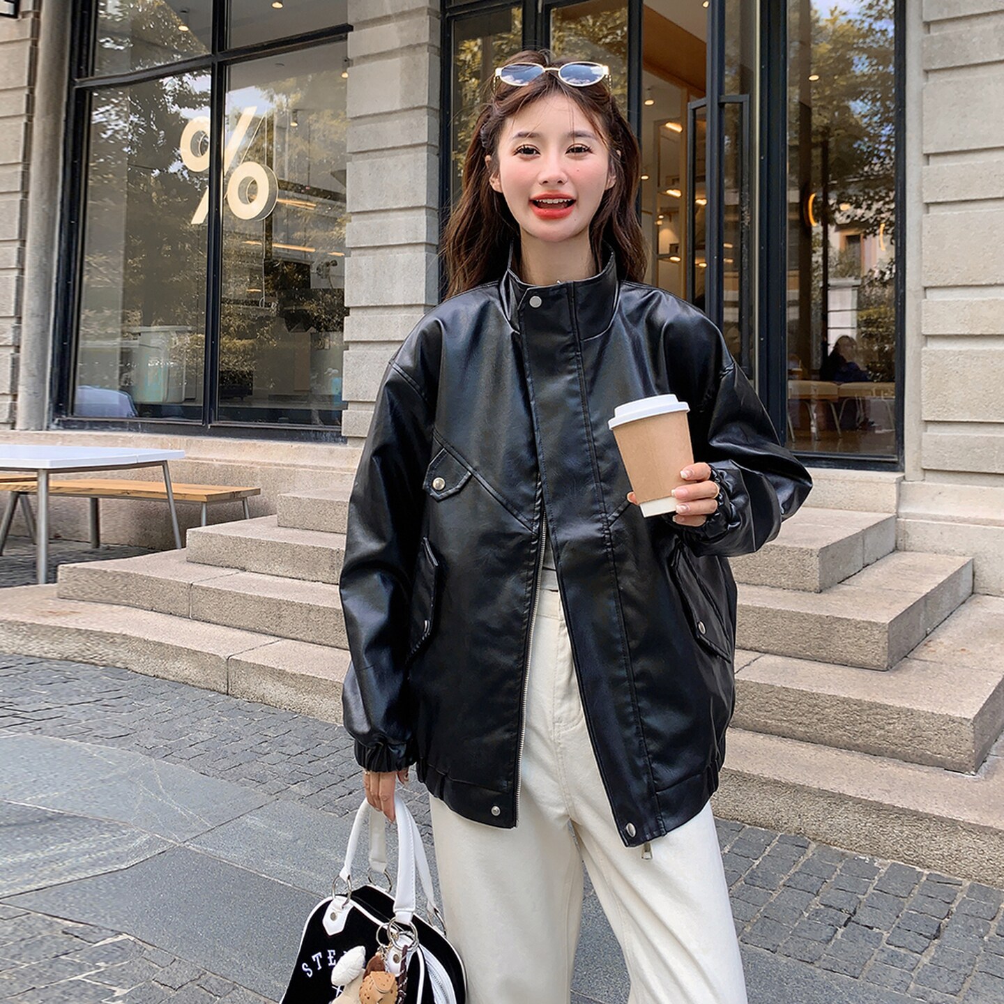 黑色复古机车服皮衣外套女2025秋季新款宽松休闲百搭夹克上衣潮,女装皮衣,2C325