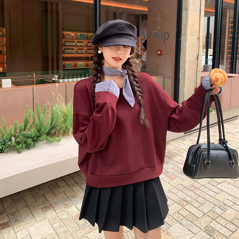 安哥拉红设计感拼接卫衣女秋新款新款韩版小个子宽松oversize外套,女装卫衣/绒衫,2C087