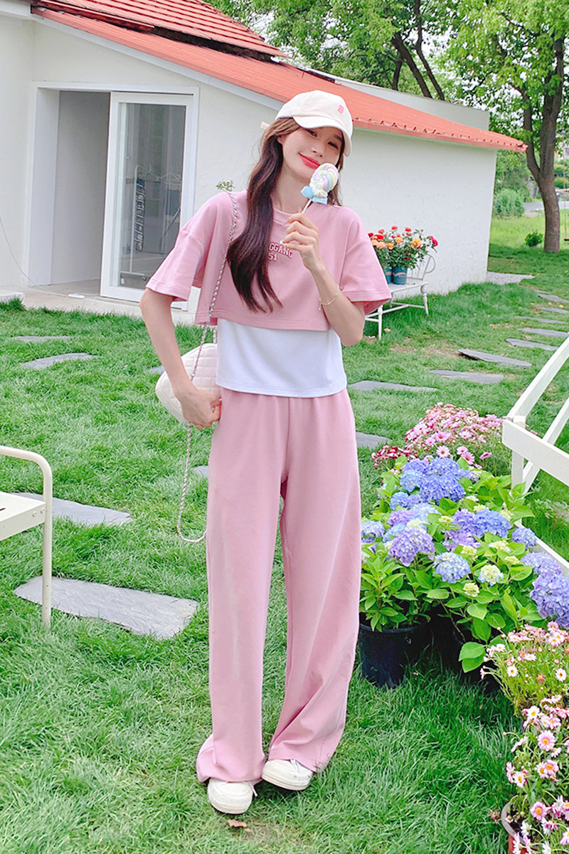 新款现货夏季粉色休闲运动三件套女2C052-T99-P125-K178,女装套装/套裙,2C052