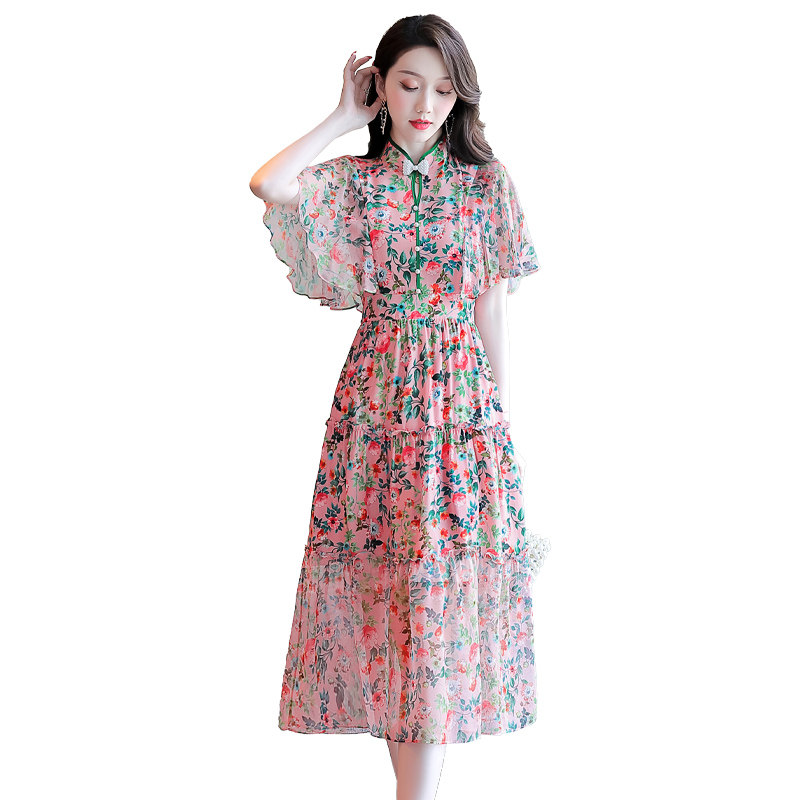 印花V领连衣裙夏装2025年新款女中长款气质洋气2025年夏季，女装连衣裙，奕可儿,女装连衣裙,奕可儿