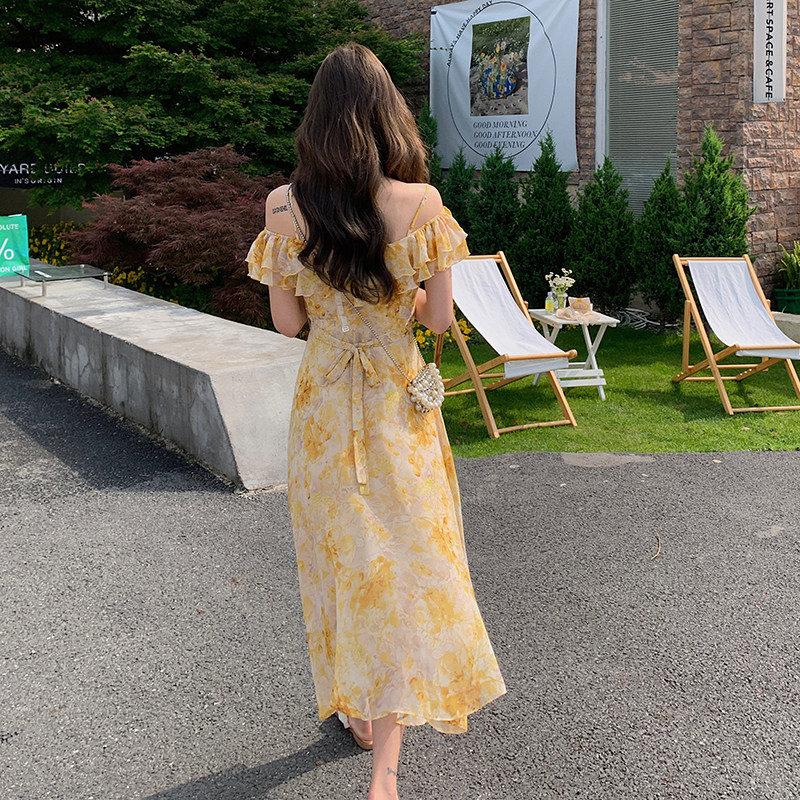 浪漫一字领露肩连衣裙女2025夏季新款法式绝美显瘦度假风印花裙子,女装连衣裙,2C009