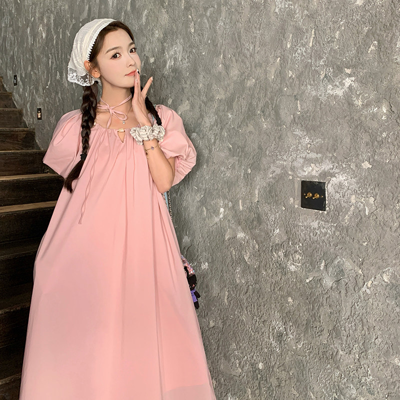 法式复古甜美泡泡袖连衣裙女2025夏季新款韩版宽松显瘦桔梗长裙子,女装连衣裙,2C087