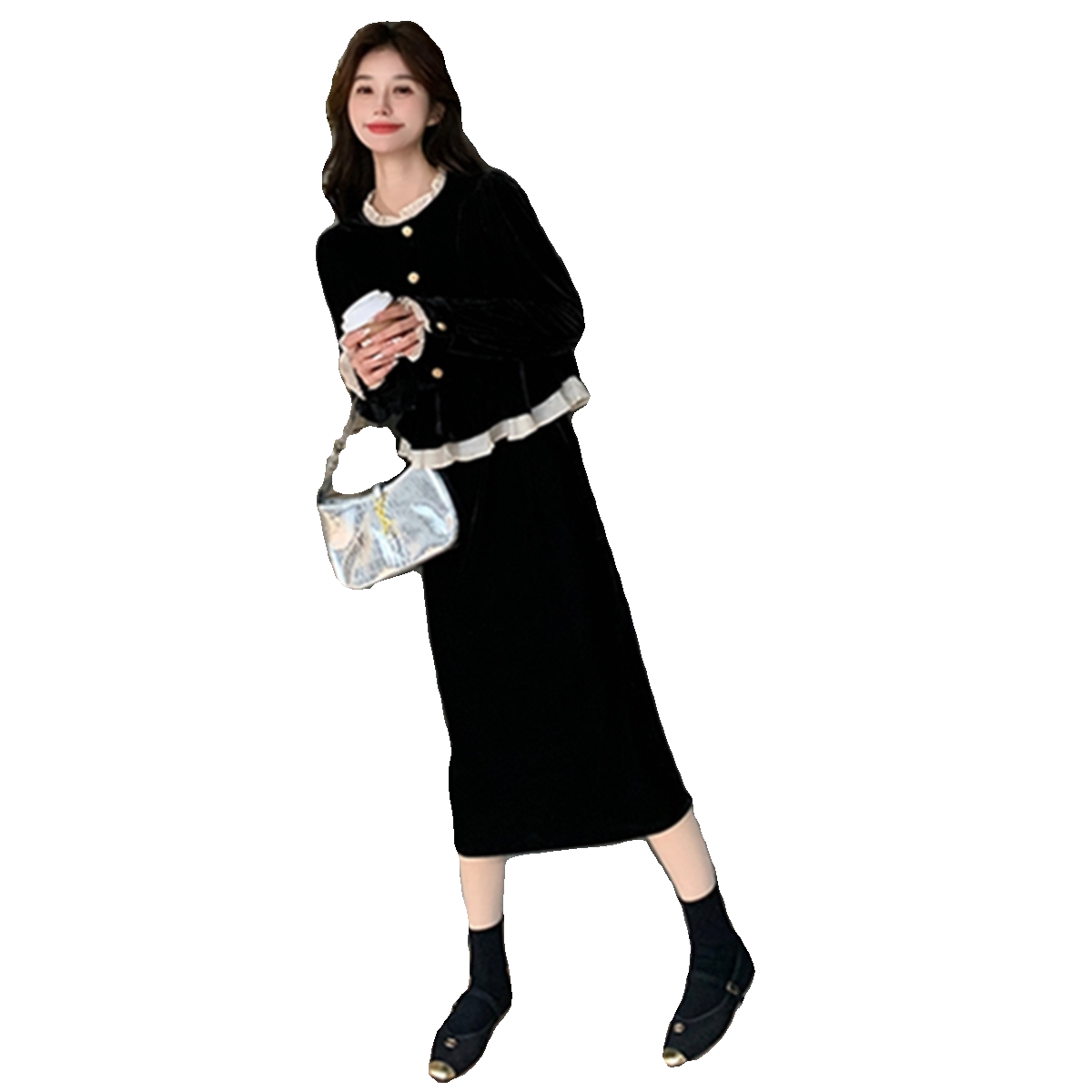 2026春装新品主推金品丝绒拼接假两件连衣裙2785P135K198,女装连衣裙,2C103