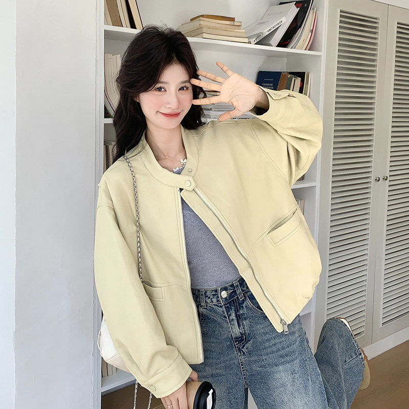 黄色短款pu皮衣外套女春秋2025新款小个子夹克休闲高级感机车服图片