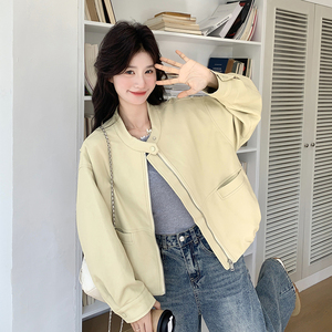 黄色短款pu皮衣外套女春秋2025新款小个子夹克休闲高级感机车服图片