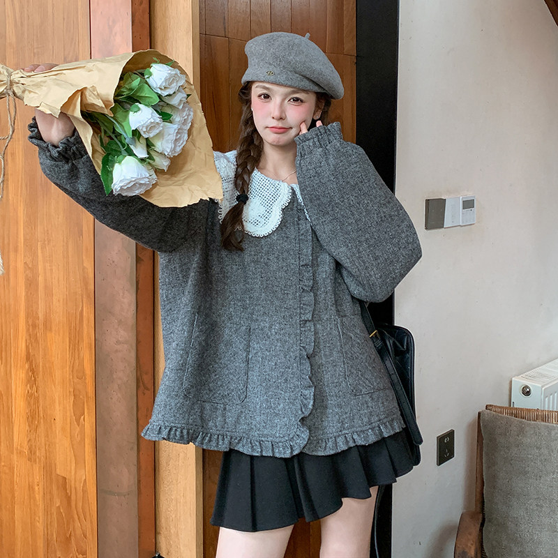 蕾丝花边娃娃领灰色短外套女春秋2025新款小个子高级感减龄森系,女装短外套,2C166