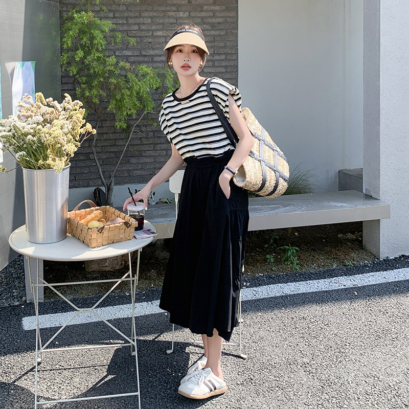 条纹拼接假两件连衣裙女2025年夏季新款法式高级感收腰显瘦a字裙,女装连衣裙,2C098
