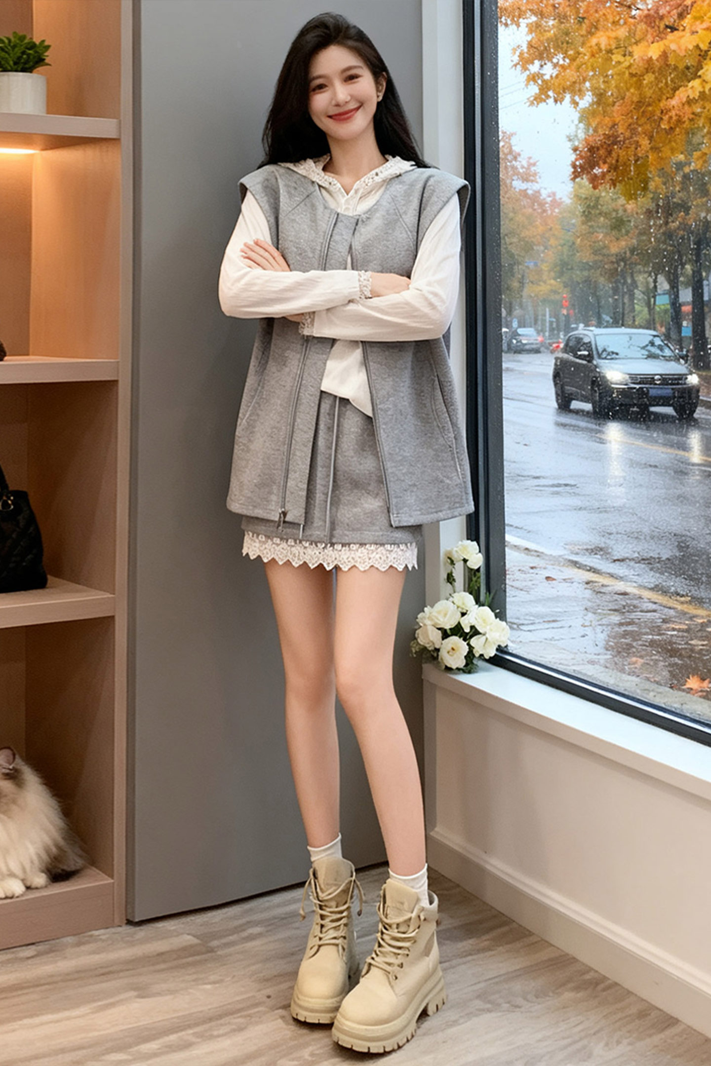 韩版时尚休闲裤裙套装女秋款马甲外套连帽T恤蕾丝花边裤裙三件套,女装套装/套裙,2C310