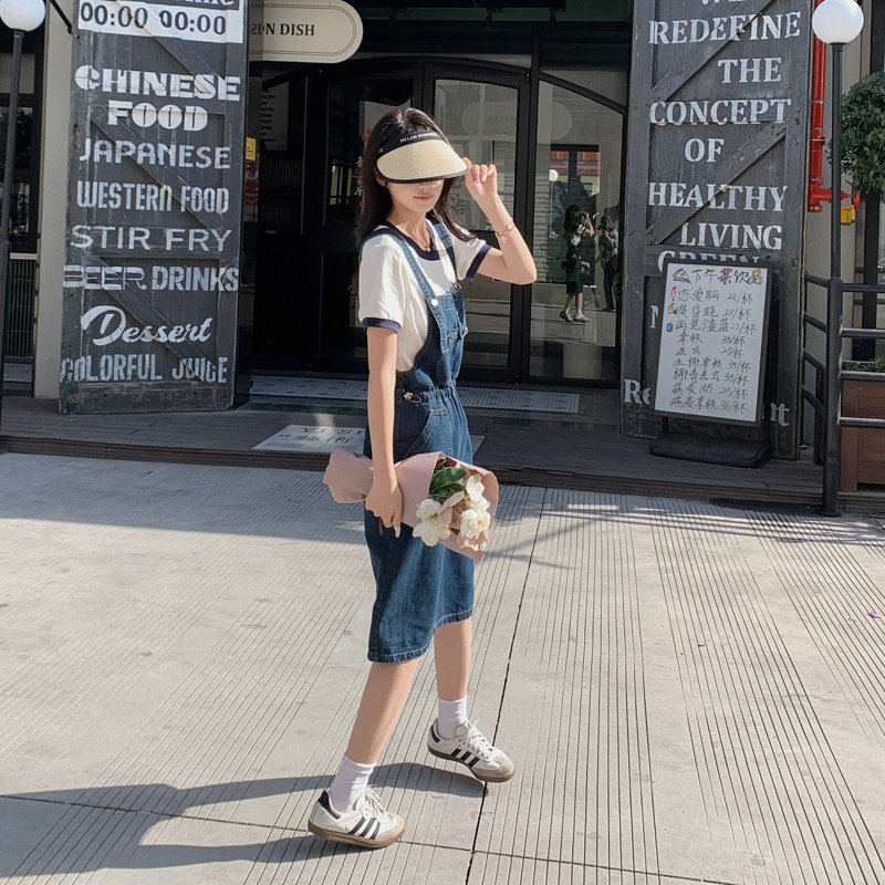 韩版收腰显瘦牛仔背带长裙套装女2025夏季新款甜美减龄T恤两件套,女装套装/套裙,2C266