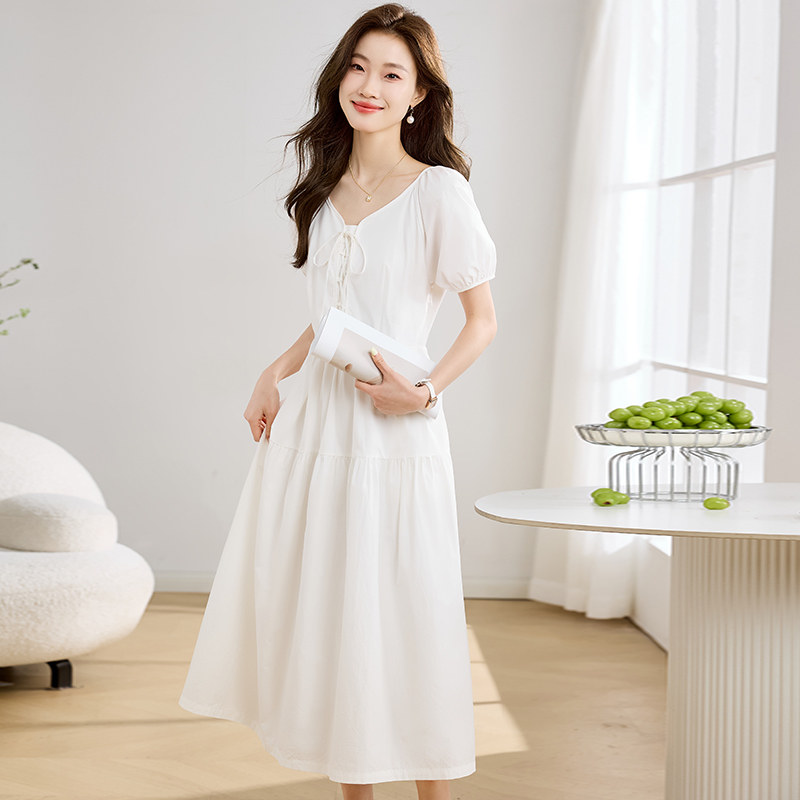 纯棉连衣裙女夏季2025新款法式V领修身收腰显瘦气质减龄长款裙子,女装连衣裙,1D073