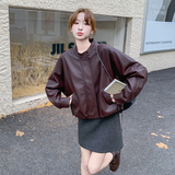 安可拉红皮衣外套女2025秋季新款美式复古时尚炸街机车风PU皮夹克，女装皮衣，2C277