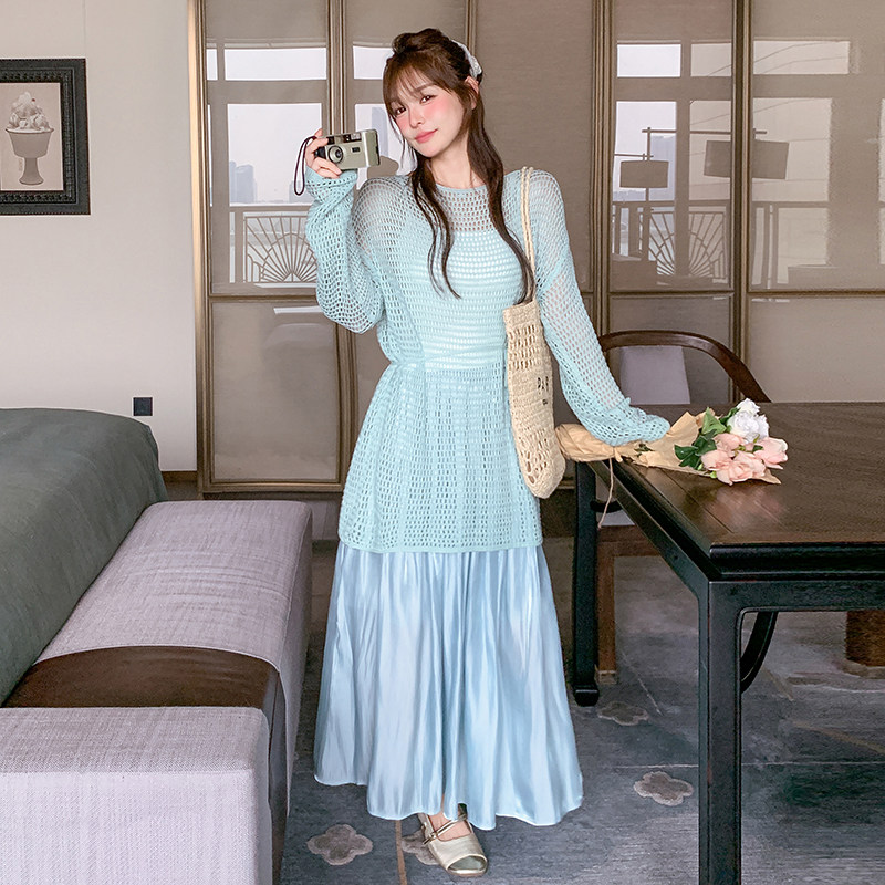 蓝色超好看绝美镂空罩衫套装裙女2025夏季新款温柔风半身裙两件套图片