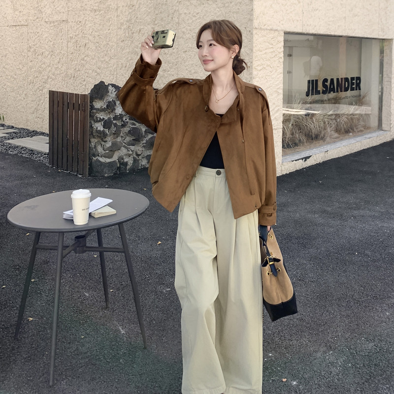 立领鹿皮绒外套女秋季高品质时尚宽松显瘦休闲夹克上衣图片